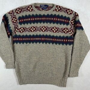 INSANE Polo Ralph Lauren Hand Knit Wool Aztec Beige & Burgundy Crewneck Sweater
